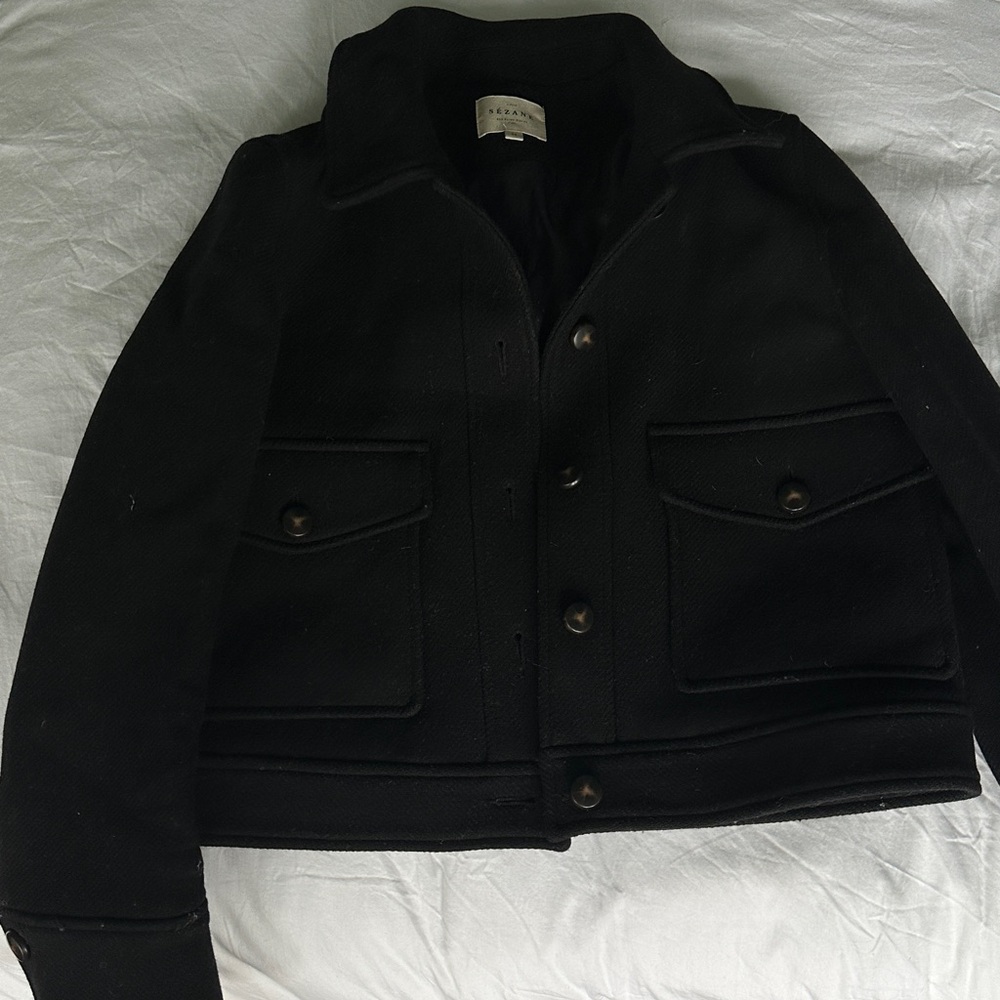 Black Button-Front Wool Jacket